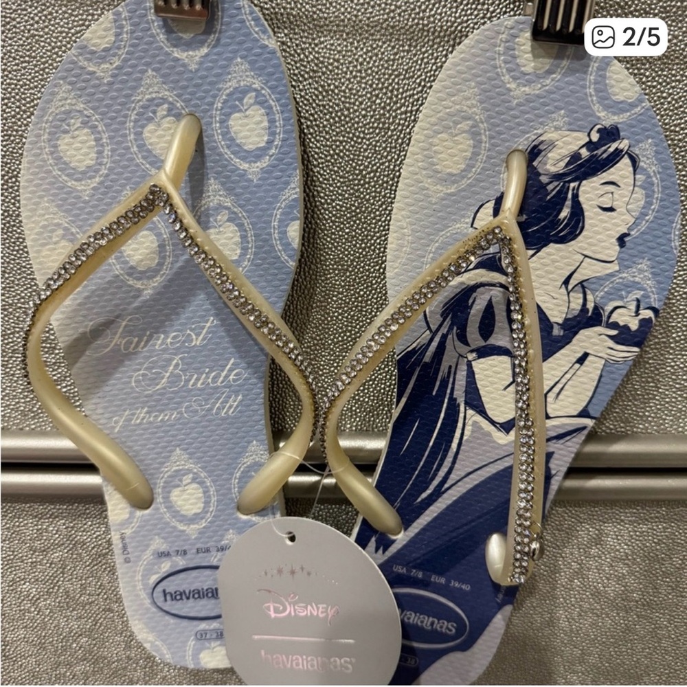 Havaianas Blue Snow White Graphic Flip Flops with Gold Crystal Straps